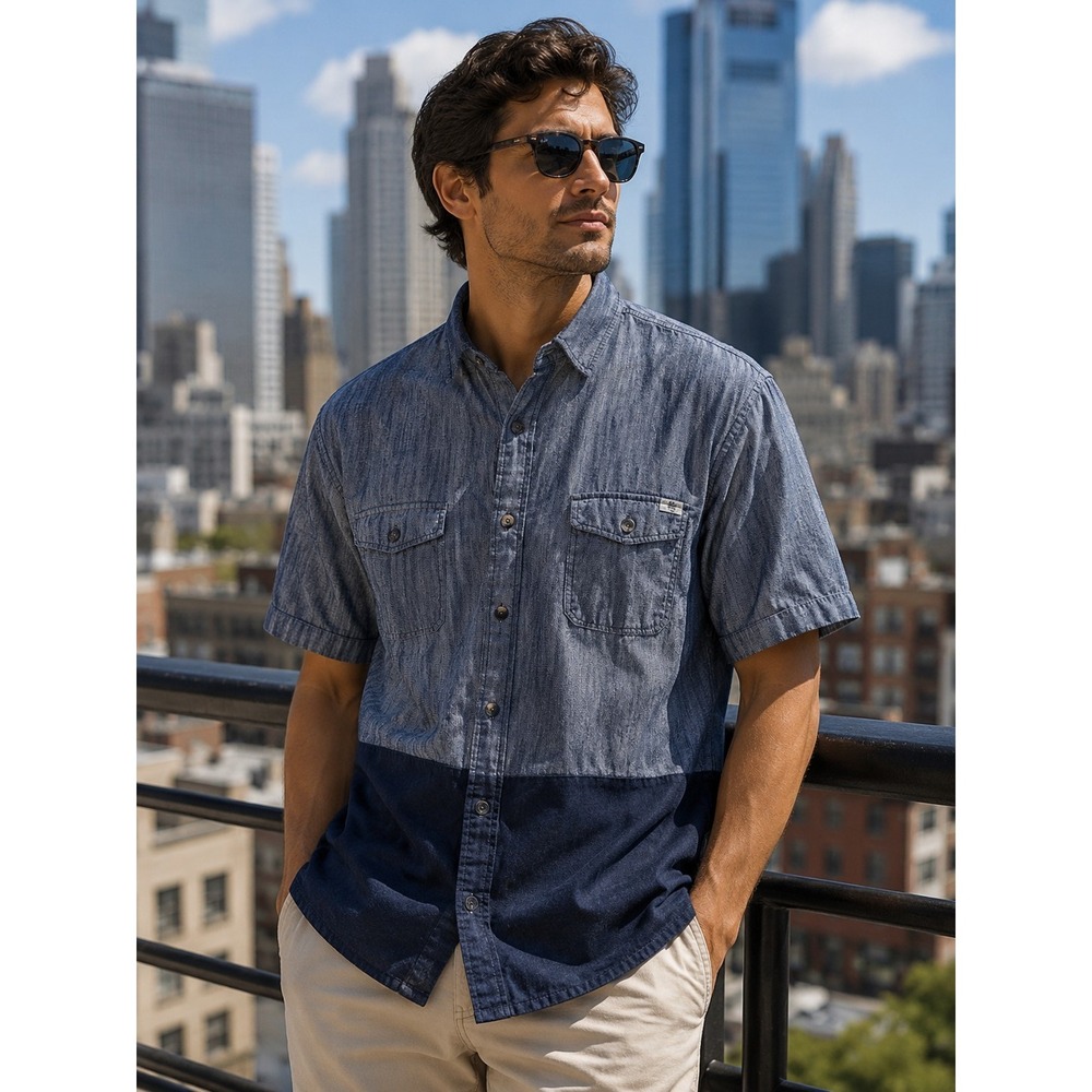ROCK & REPUBLIC Men's Chambray Colorblock Short Sleeve Shirt Large -892